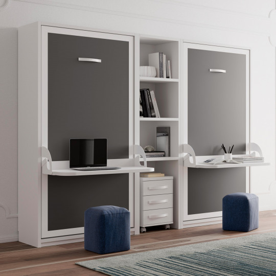 Lit vertical avec bureau Dimensions 90 x 190 cm Couleur Blanc Satiné Option  Pas d'options